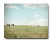 Farm Landscape Photography, country,  hay bales, green, field, rustic, blue sky, clouds, farmhouse chic, sage, mintblack friday