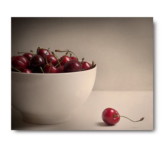 Cherries Photo, Kitchen Art, food artwork, food photography, print, cream,  red, home decor, fruit still life, bowl of cherries - semisweetstudios