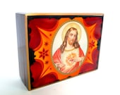 Antique art nouveau  jewelry box with Jesus of the sacred heart image