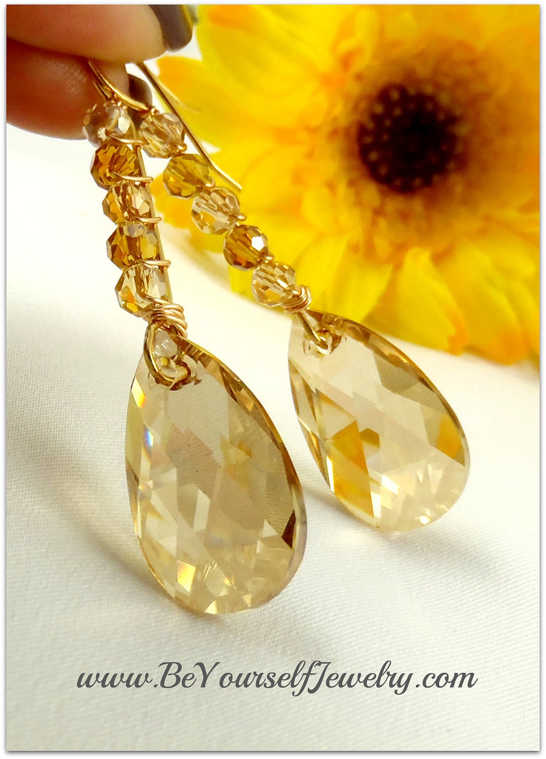 Teardrop Earrings Swarovski Crystal Golden Shadow Earrings 14K Gold Earrings Wire Wrapped Earrings Bridesmaid Gift Wedding Jewelry Gold