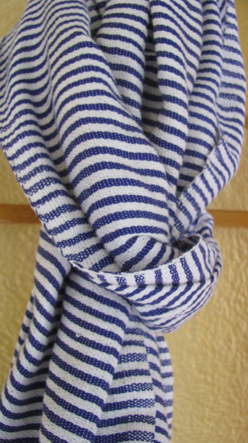 Nautical Navy Blue & white Cotton ticking Stripe Scarf- Men Women Hand woven Ethiopian Cotton Scarf- Luxury Scarf Navy and White-