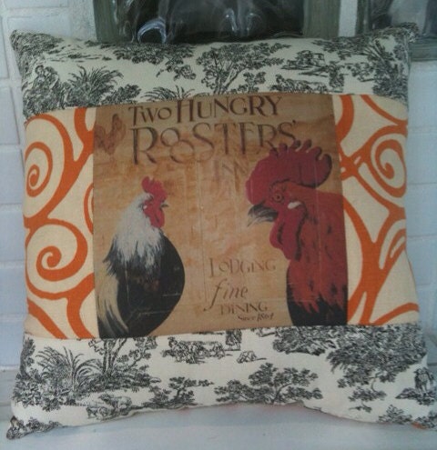 Two Hungry Roosters Quilted Pillow