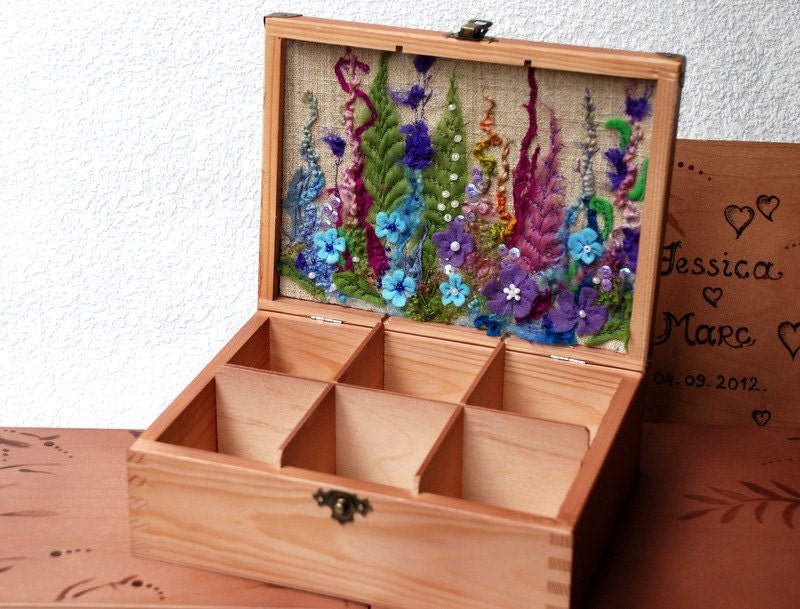 Reserved for Lark.. Wooden tea box with pink flower embroidery.