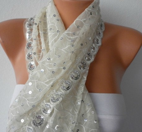 Ecru Lace Sequin  Scarf - Shawl  Cowl Bridesmaid Gifts