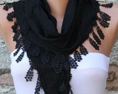 Black  Scarf  -  Cotton Scarf  -  Cowl Scarf - Shawl with Lace