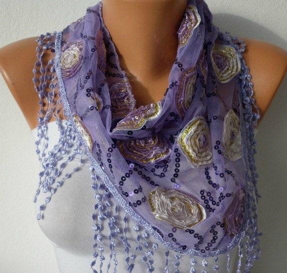 Lilac Sequin Scarf  -  Cowl with Lace Edge