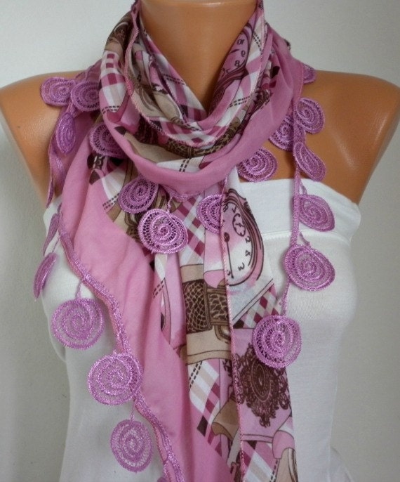 BIG SALE Clock Scarf - Multicolor Scarf - Cotton Scarf Cowl with Lace Edge - fatwoman