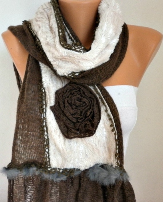Fabric Knitted Pompom Scarf  -  Plush Shawl Scarf  Flower Scarf -  Cowl Scarf - Brown - fatwoman