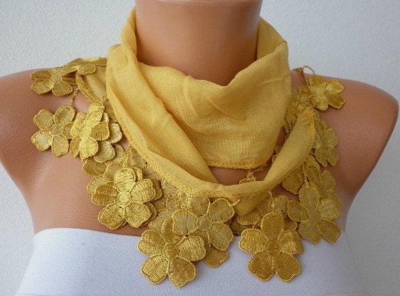 Mustard Scarf - Cotton Scarf - Cowl Scarf - Shawl with Lace Edge - fatwoman
