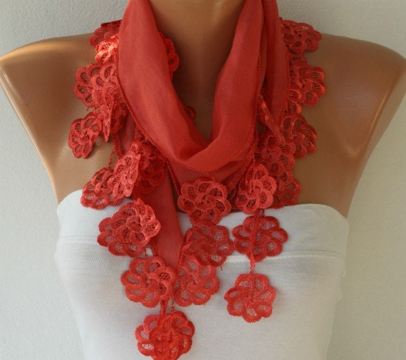Women Scarf - Cotton Scarf - Cowl Scarf with Lace Edge - Red