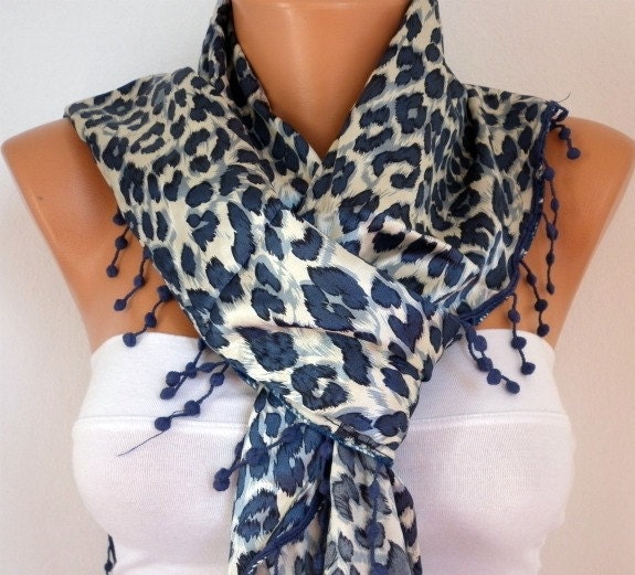 Leopard Women Shawl Scarf - Cowl with Lace - Air Force Blue