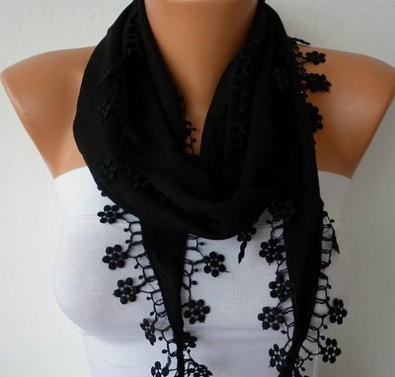 Black Scarf   Pashmina  Scarf   Cowl with Lace Edge   - fatwoman