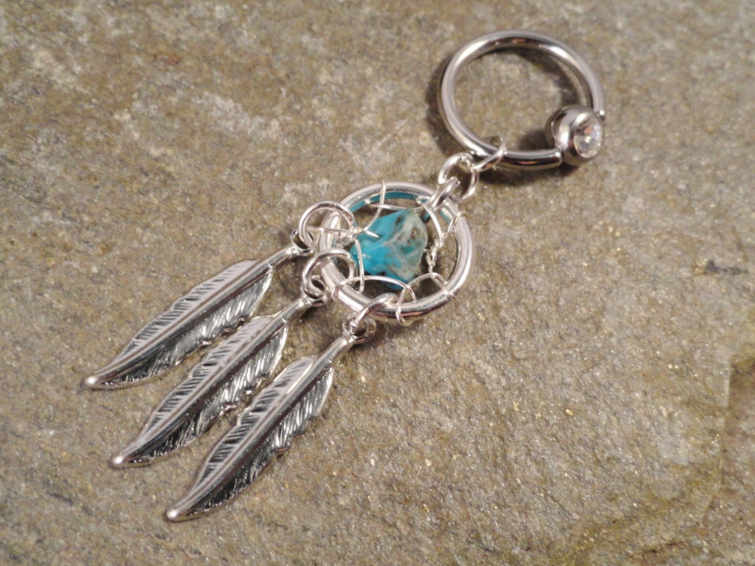Turquoise Dream Catcher Captive Belly Button Jewelry, Gemstone Belly Button Ring