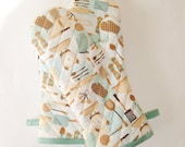 Oven Mitts - Aqua and Brown Utensils on Cream - Gift Under 30