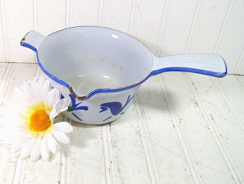 Cobalt Blue Enamel Cast Iron Pot - Vintage Scandinavian Style Pottery - Cottage Shabby Chic Decor