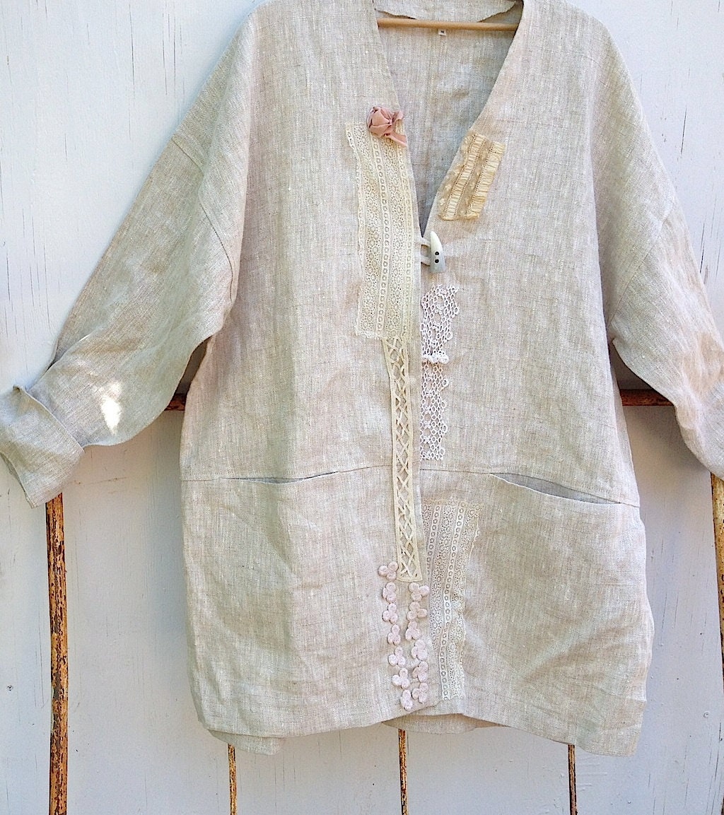 summer Boho lunch in Italy european linen upcycled rustic prairie tunic lace wedding tunic shirt