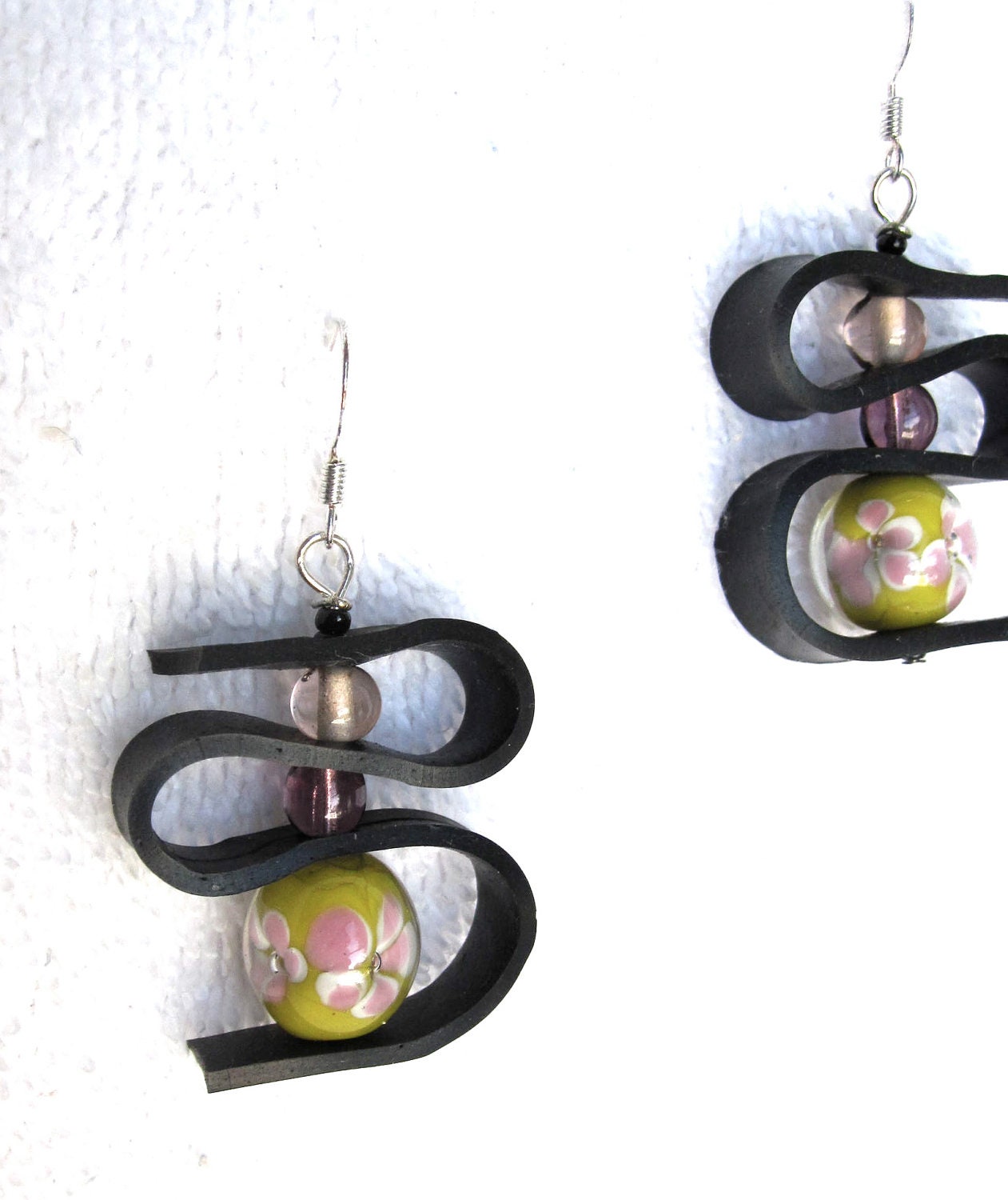 Upcycled Recycled / Bicycle Inner Tube / Salvaged Purple / Yellow / Floral / Earrings