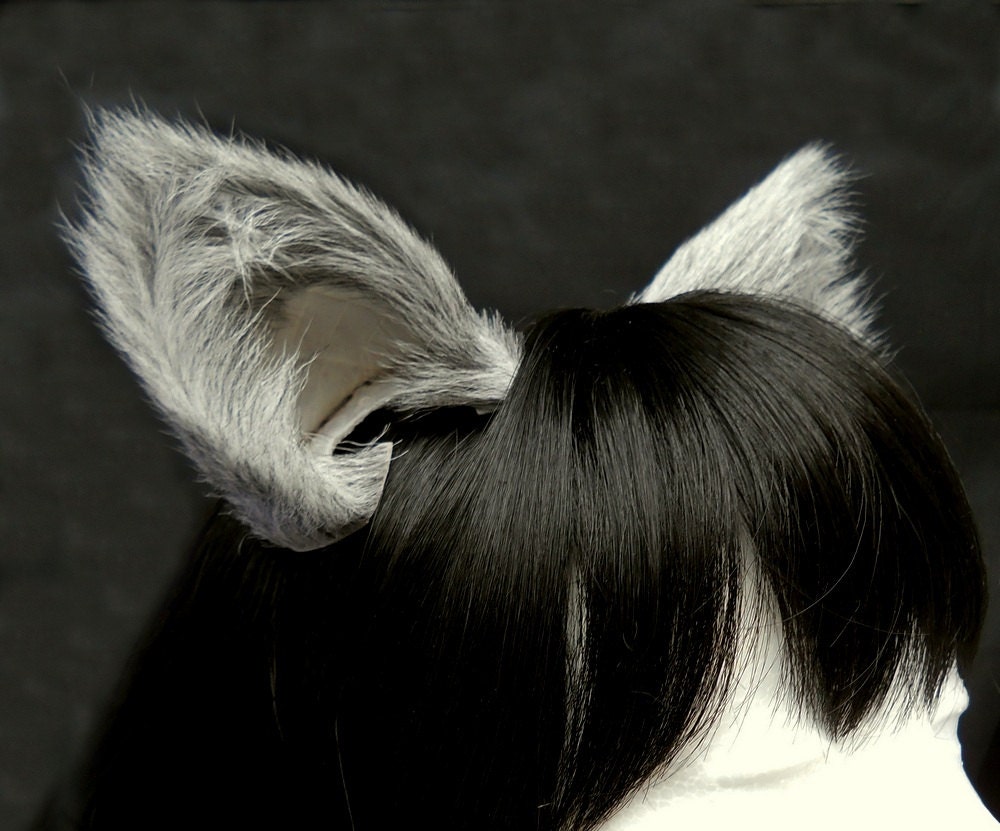 Gray Long Fur Leather Cat Ears Grey Silver White Limited Edition Nekomimi Cosplay Furry Goth Fantasy Fashion Wear