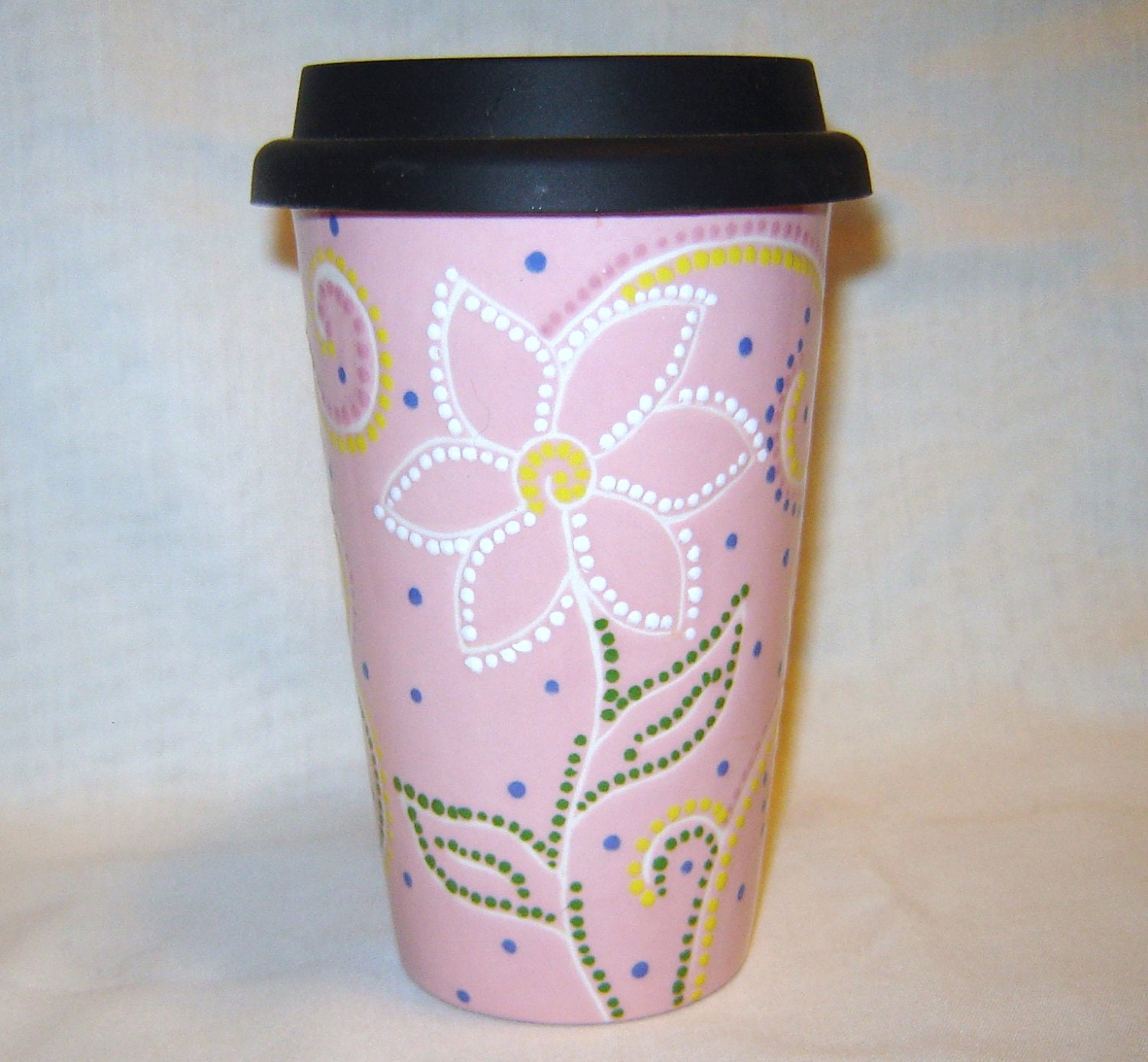 Eco Friendly Ceramic Travel Mug w/lid - Pink - Flower, Swirls, Dots