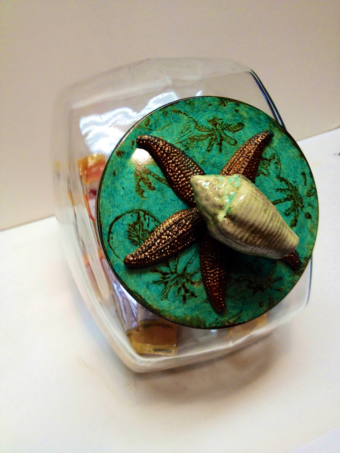 Palm tree, starfish and shell cookie jar 1 Of A Kind hand painted in turquoise and bronze