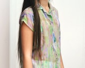 Ready to ship - Elaine Silk chiffon garden Ikat print button down blouse shirt top green lavender