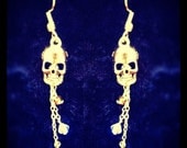 Edgy Skull Fashion Dangling Trendy Tiny Gold Skull and 14K Gold-filled Chain Swarovski Crystal Bead Earrings