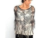 Crochet Poncho Spiderweb Lace Mohair Capelet Fringes Poncho Lace Shawl Black White Mesh Capelet Women's Crochet Capelet - CP0010 - Aimarro