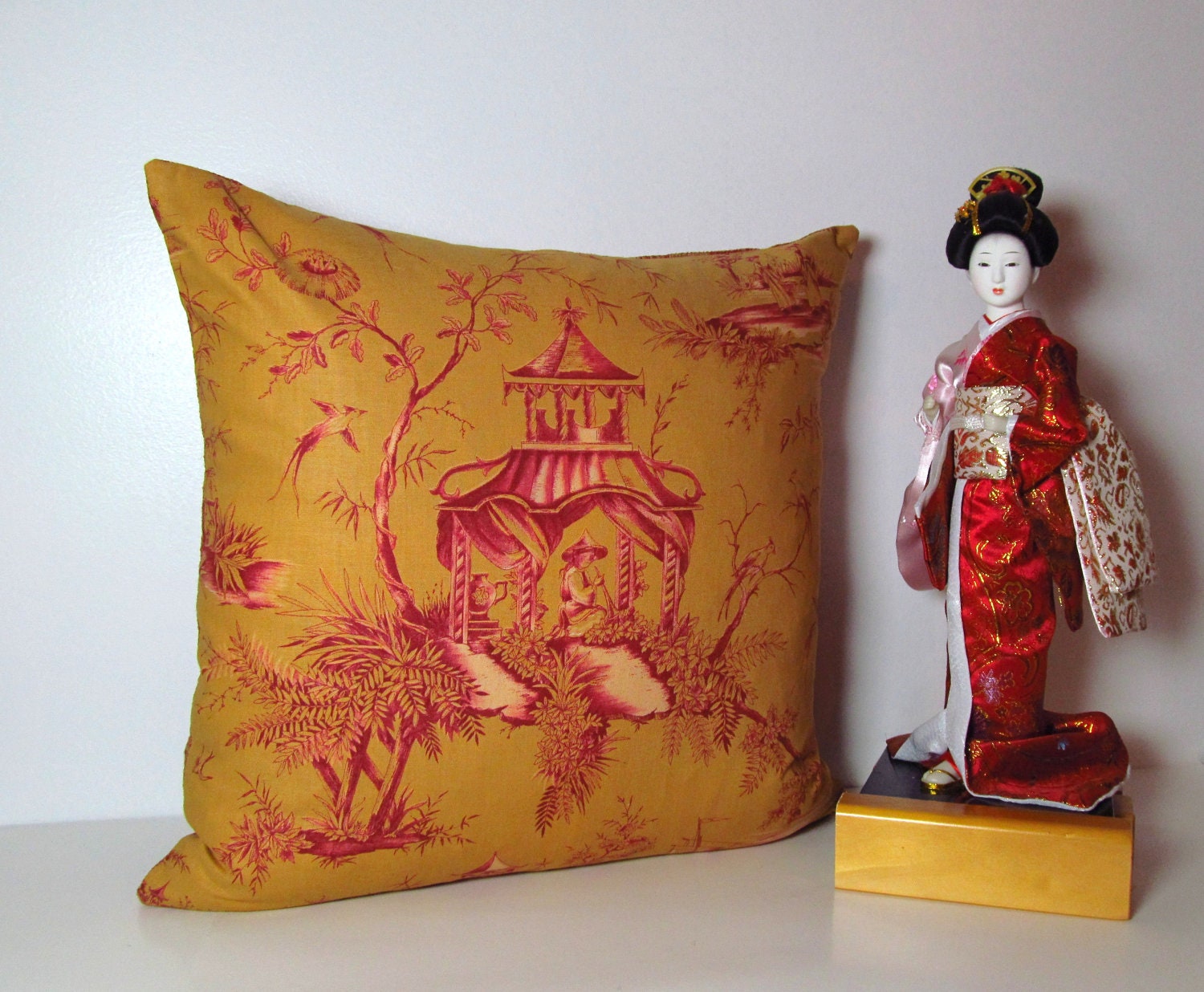 Designer Pillow Gold Burgundy Asian Print 18 x 18
