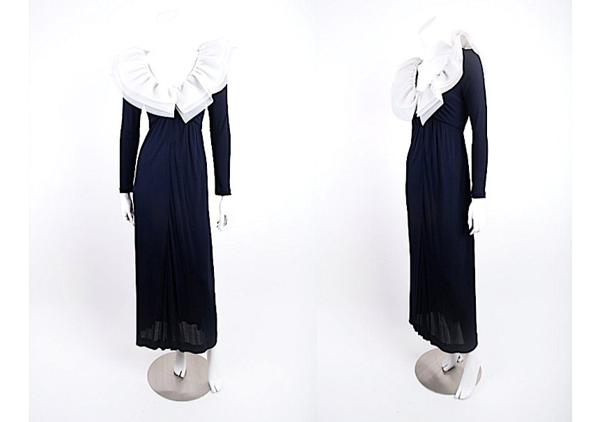 Vintage Designer Couture - Navy Silk Evening Gown with Organza Detail - Louis Feraud 1970's Sixe Small