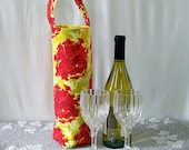 Wine Bottle Cozy Tote Bag Floral Reusable Insulated Wine Bag Red Geranium Chartruese Green Designer Fabric Pink Roses