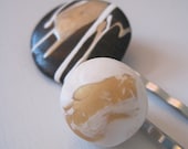 SALE Black, Gold and White handpainted sculpted clay stone bobby hair pin SET of 2, Gift for Her bridesmaid gift
