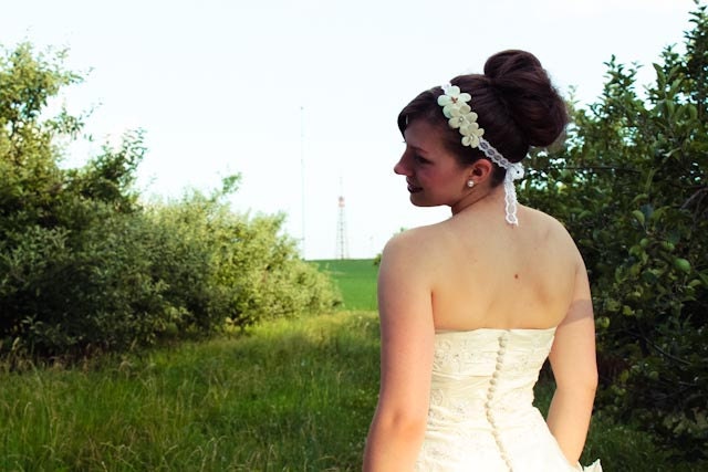 SALE Sculpted white violet flowers, handstitched on lace, offwhite clay bridal headband