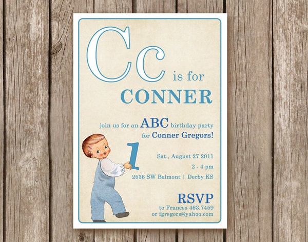 Vintage ABC Flashcard Invitation - boy - perfect for a birthday party for any little girl or boy - customized to any color (DEPOSIT)