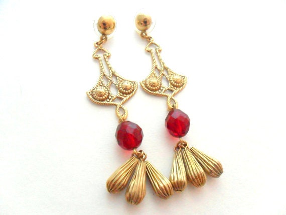 1928 Chandelier Earrings - Pierced Gold Tone and Red Glass