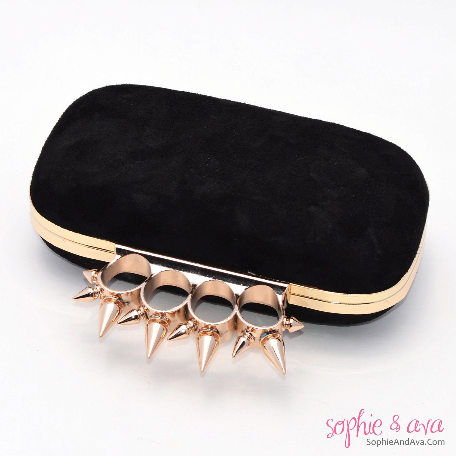 The Liv Minaudiere in Noir Suede and Gold - Spike Clutch