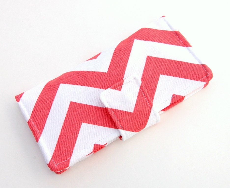 Custom Chevron Bifold Wallet - Choose Your Accent Fabric - Smart Phone Clutch - Coral and White - Wristlet Option Available