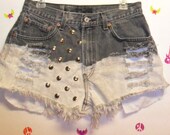 Vintage Levis  Denim Shorts - Black & Bleached  - Studded ----Waist 30  inches   ---Ready to Ship