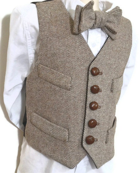 Boys Vest,  wool brown tweed, 100% cotton lined , formal wear, all sizes, toddler - youth, leather buttons, handmade, custom, USA