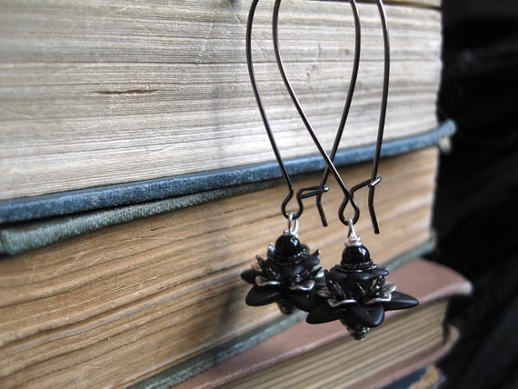 Black Lotus. Gothic Lotus Flower Earrings with Onyx in Victorian Silver and Gunmetal. Wee Fey Padma.