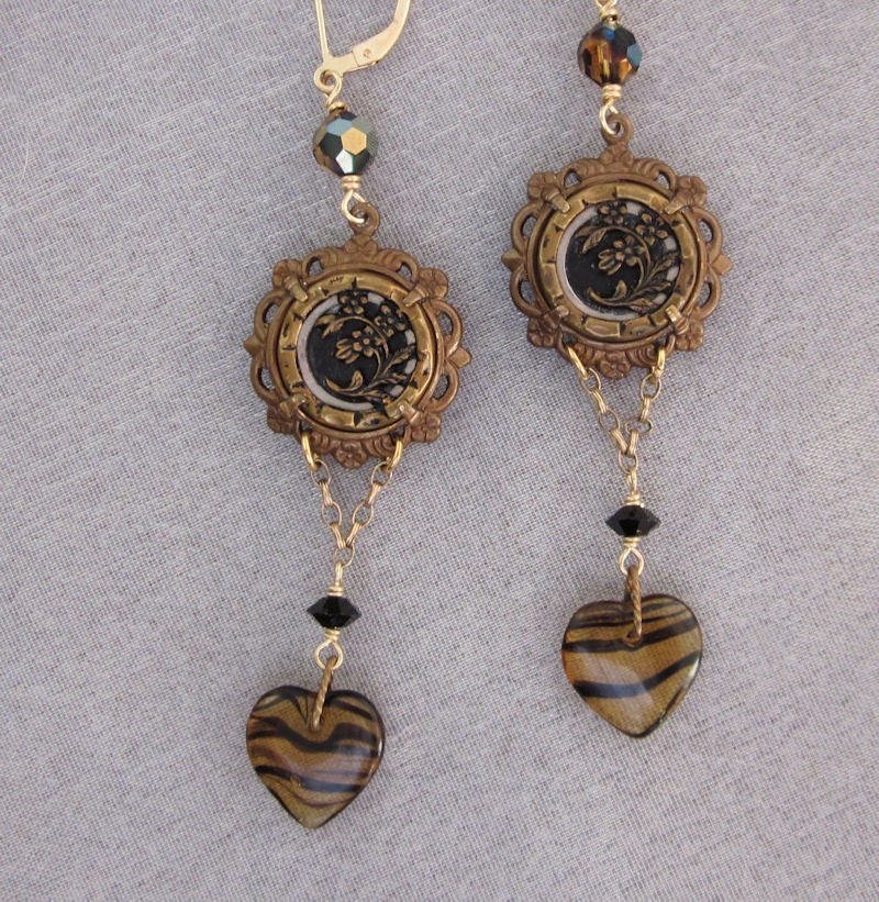 Dangle Flower Button Earrings, Vintage Repurposed Earrings, Heart Charm, Gold Filled BoHo Earrings, Black Assemblage Jewelry Handmade OOAK