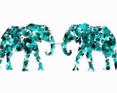 Two Elephants, green flowers Illustration Giclee Print A3