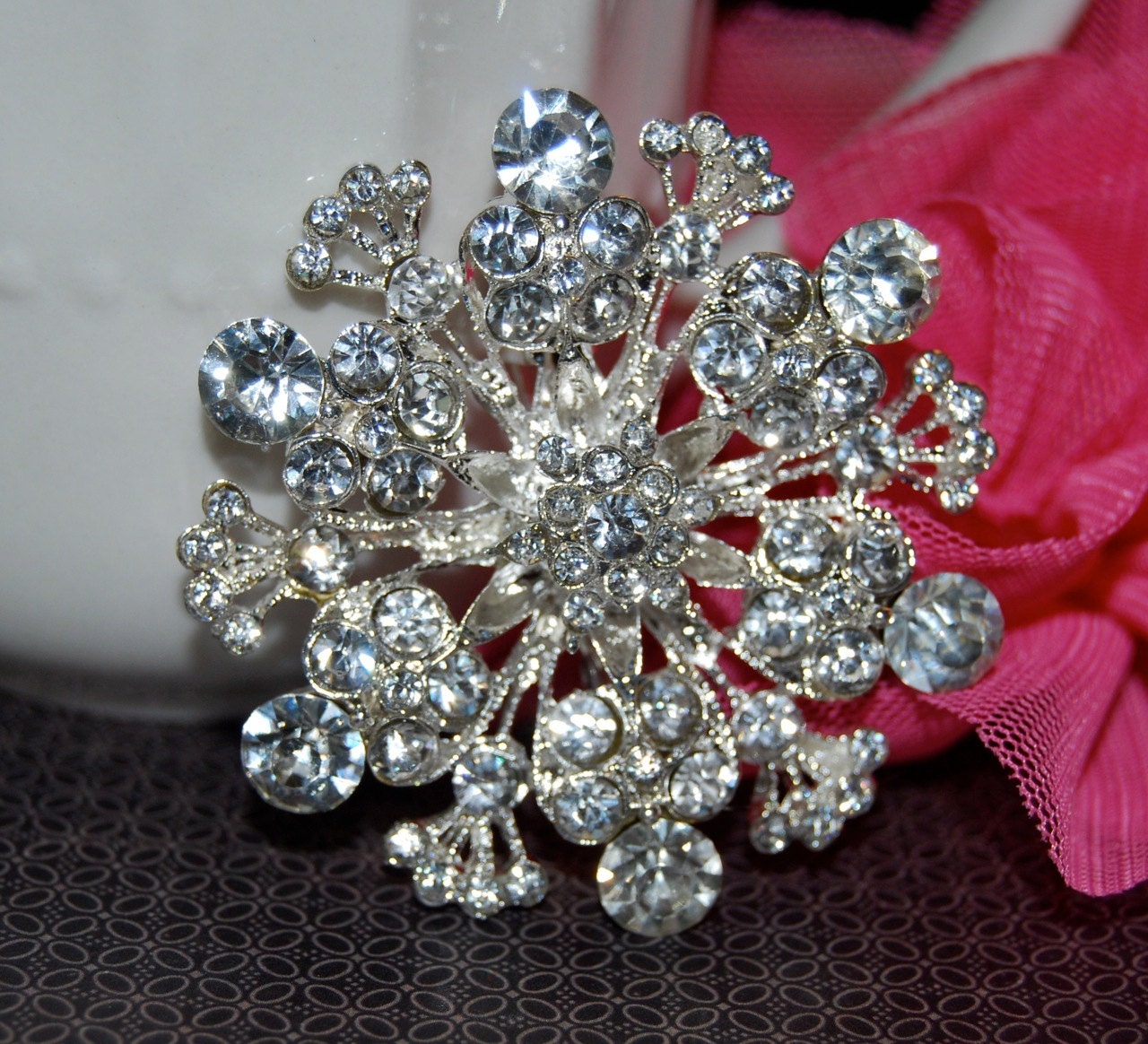 crystal brooch -  1.75" silver  rhinestone Snowflake Hair Comb Clip Pin  Brooch Wedding Cake Bouquet embellishment   - vintage AnnabelSB21