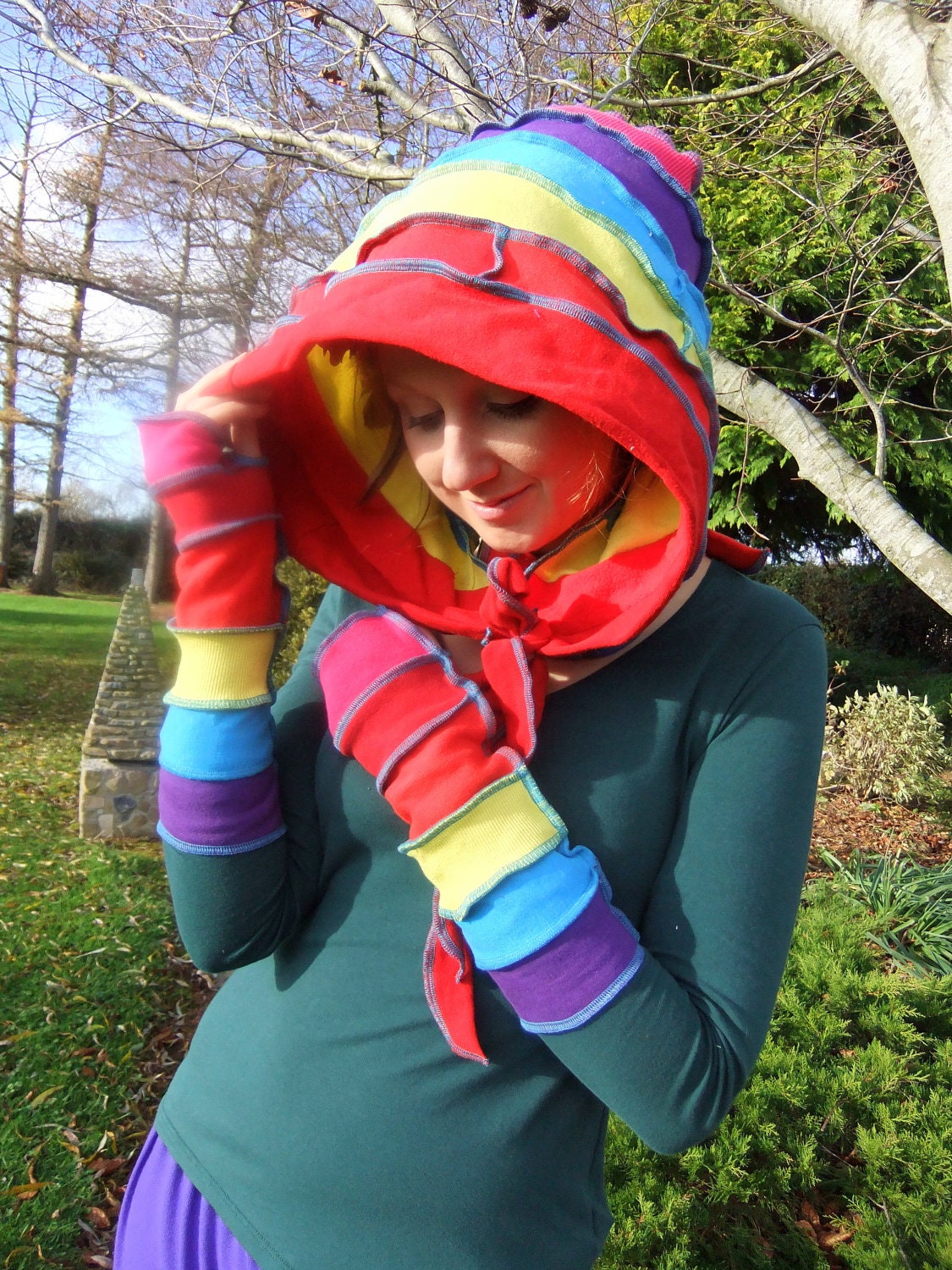 Rainbow Cotton Scoodie and Arm warmers - One of a Kind - Ready to Ship