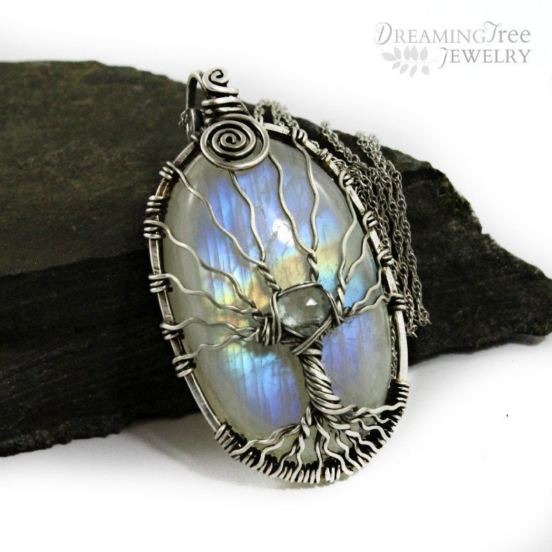 Rainbow moonstone tree of life pendant, sterling silver and Quartz, natural gemstones