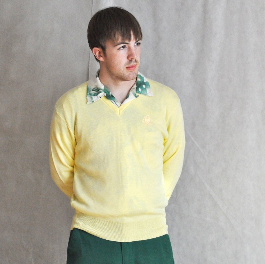 Mens V-Neck Pullover Sweater Knit Cardigan Vintage Yellow IZOD Homespunsociety Spring Mens Fashion