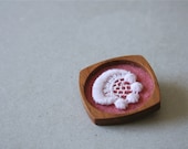 Soft Pink Vintage Lace on Dusky Pink Felt Wooden Brooch, Lace and Mahogany Series