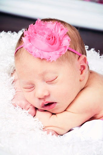Baby Girl Bubblegum Pink Headband --- Shabby Rose on skinny elastic  --- Darling Little Bow Shop