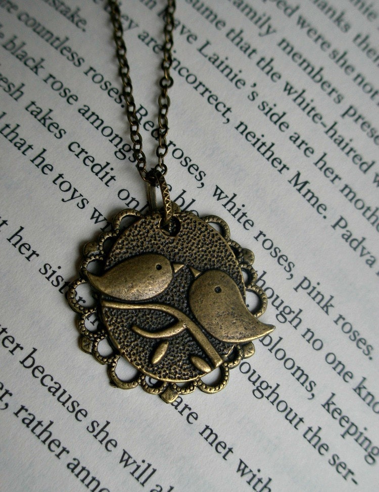 SALE Bird necklace- Filigree necklace- Two birds on a branch- Kissing birds- Antique brass necklace- Nature- Bird- Flower- Leaf