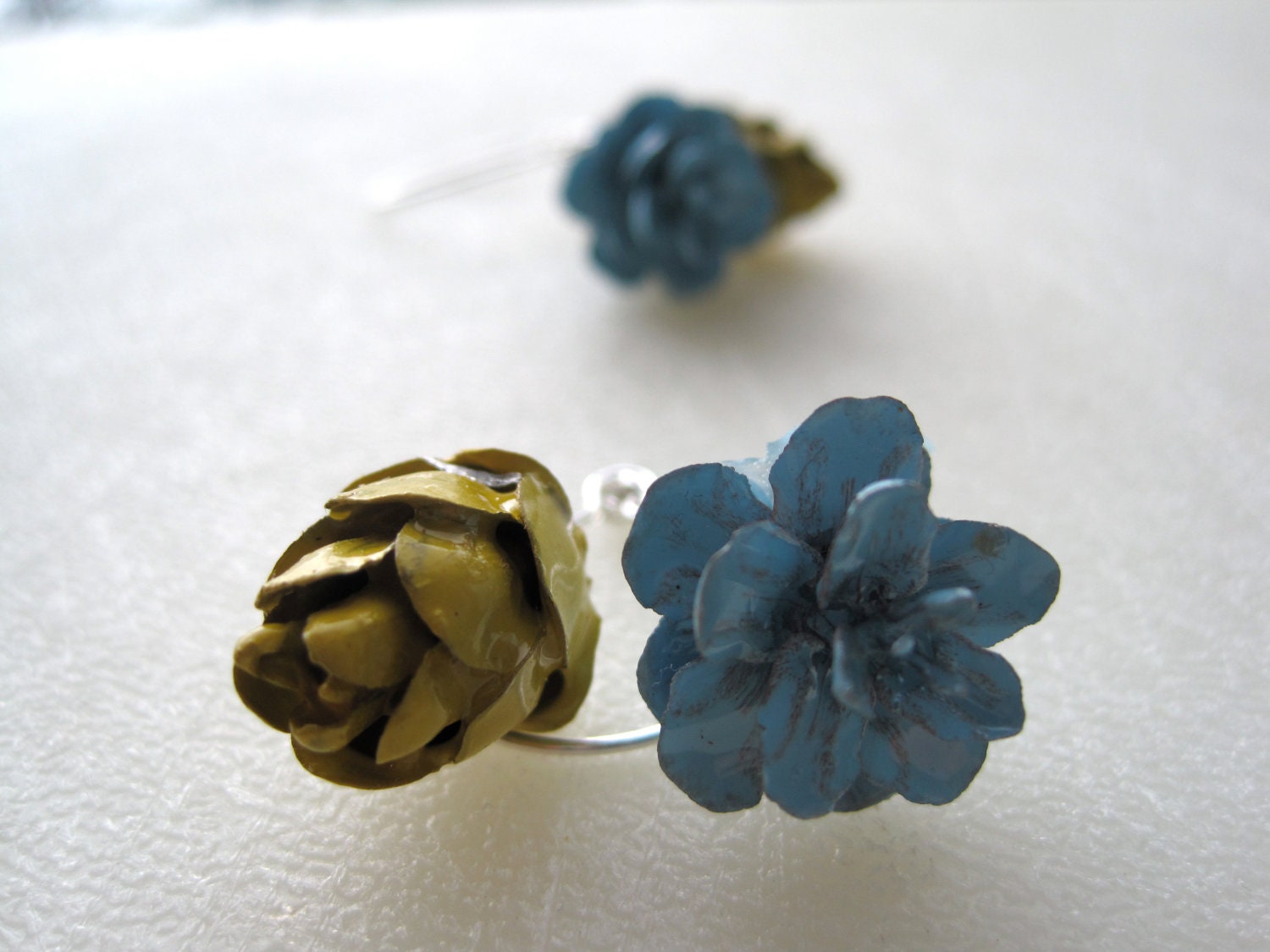 Blue and Mustard Hemlock Pine Cone earrings