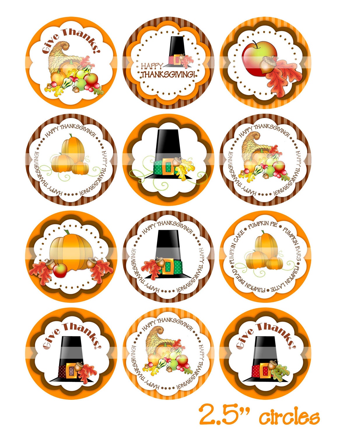 Thanksgiving Clipart--Pilgrim Hats Pumpkins Cornucopia--Cupcake Toppers--2.5 Inch Circles--Digital Collage Sheet (8.5 by 11 inches)  446